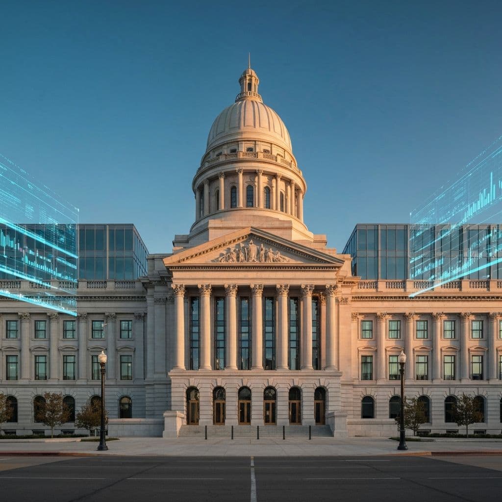 Modern government building at golden hour